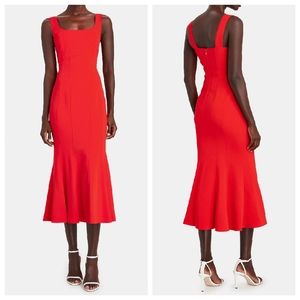 NEW VERONICA BEARD Gloria Poppy Red Fishtail Flared Hem Midi Dress Size 4
